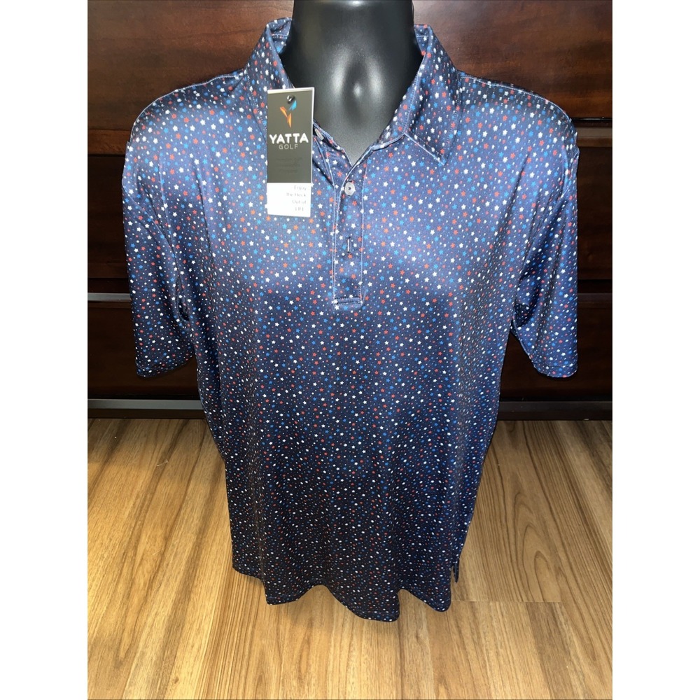 NWT Yatta Golf Polo Shirt Mens 4th of July Multicolor Stars Size Large
